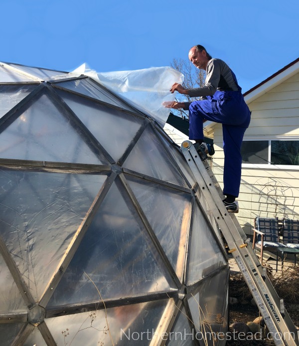 Covering the Geodesic Dome greenhouse
